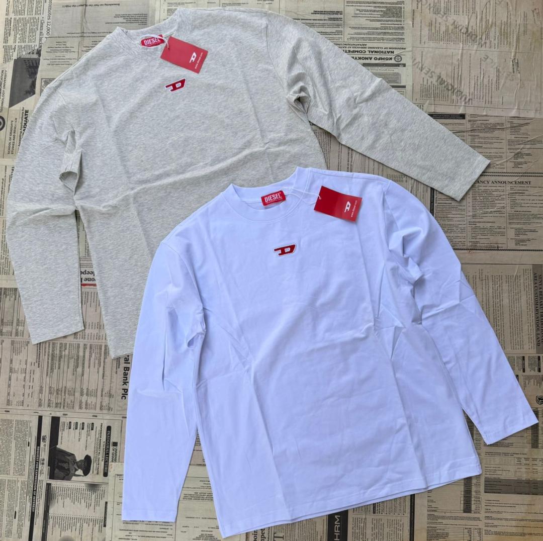 Long Sleeve Crew Neck Shirts with Logo Patch, Grey and White
