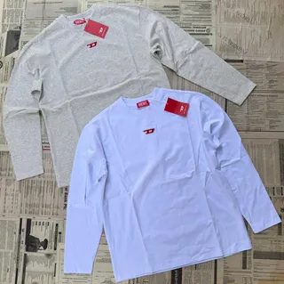 Long Sleeve Crew Neck Shirts with Logo Patch, Grey and White