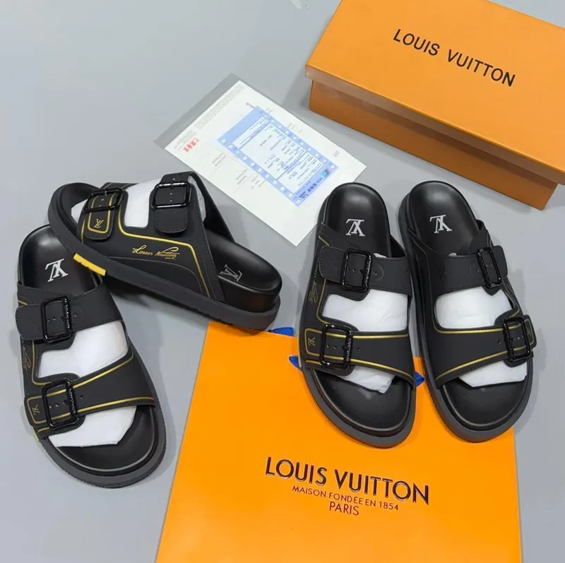 Black Double Buckle Slide Sandals with Yellow Trim, Boxed Set 1