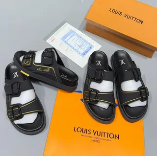 Black Double Buckle Slide Sandals with Yellow Trim, Boxed Set