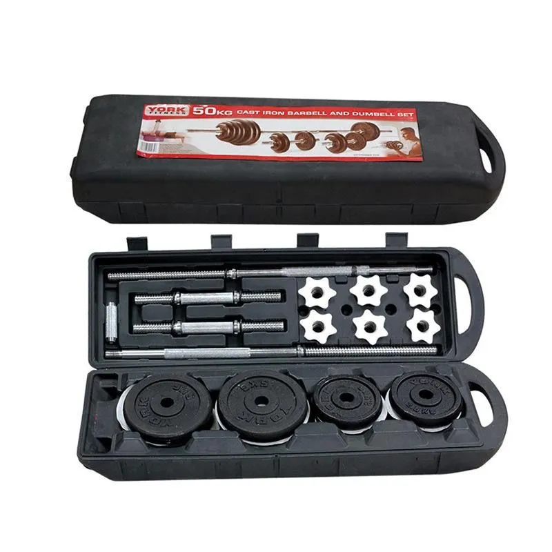 York Fitness 50kg Cast Iron Barbell and Dumbbell Set 1