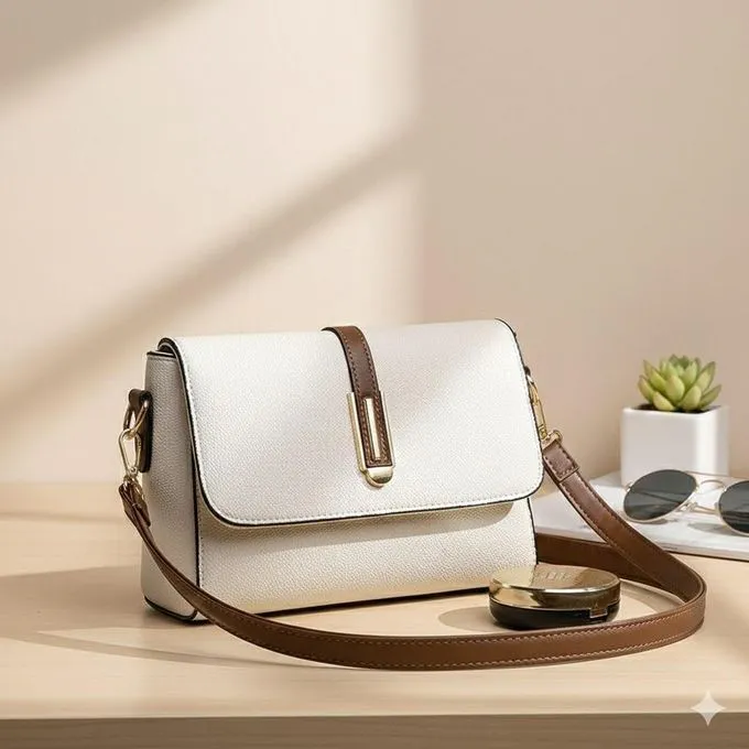 White Flap Crossbody Handbag with Brown Strap