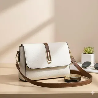 White Flap Crossbody Handbag with Brown Strap