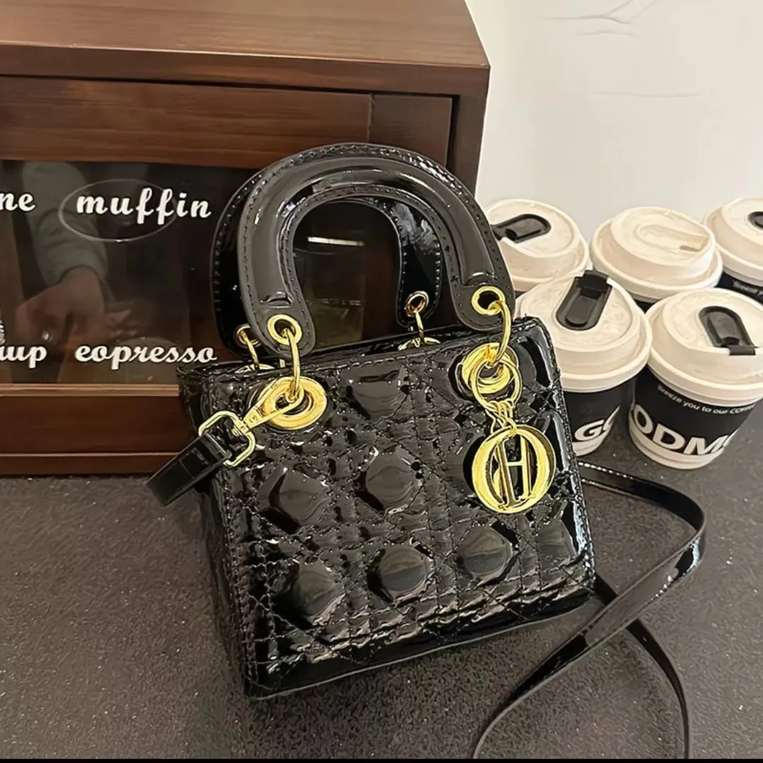Black Glossy Quilted Mini Handbag with Gold Charm