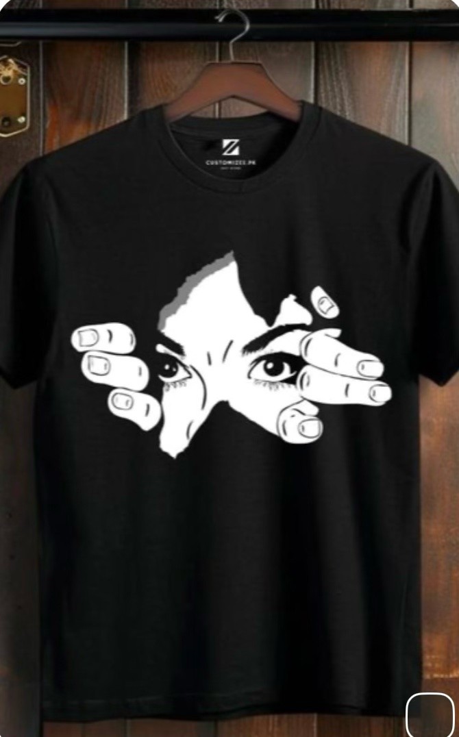 Black Graphic Print T-Shirt with Hands and Face Design