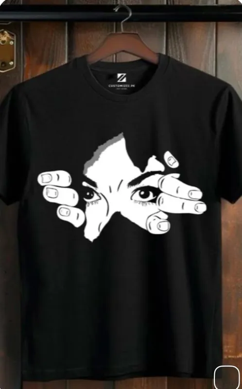 Black Graphic Print T-Shirt with Hands and Face Design 1