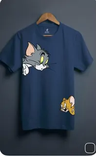 Navy Blue T-Shirt with Cat and Mouse Cartoon Print