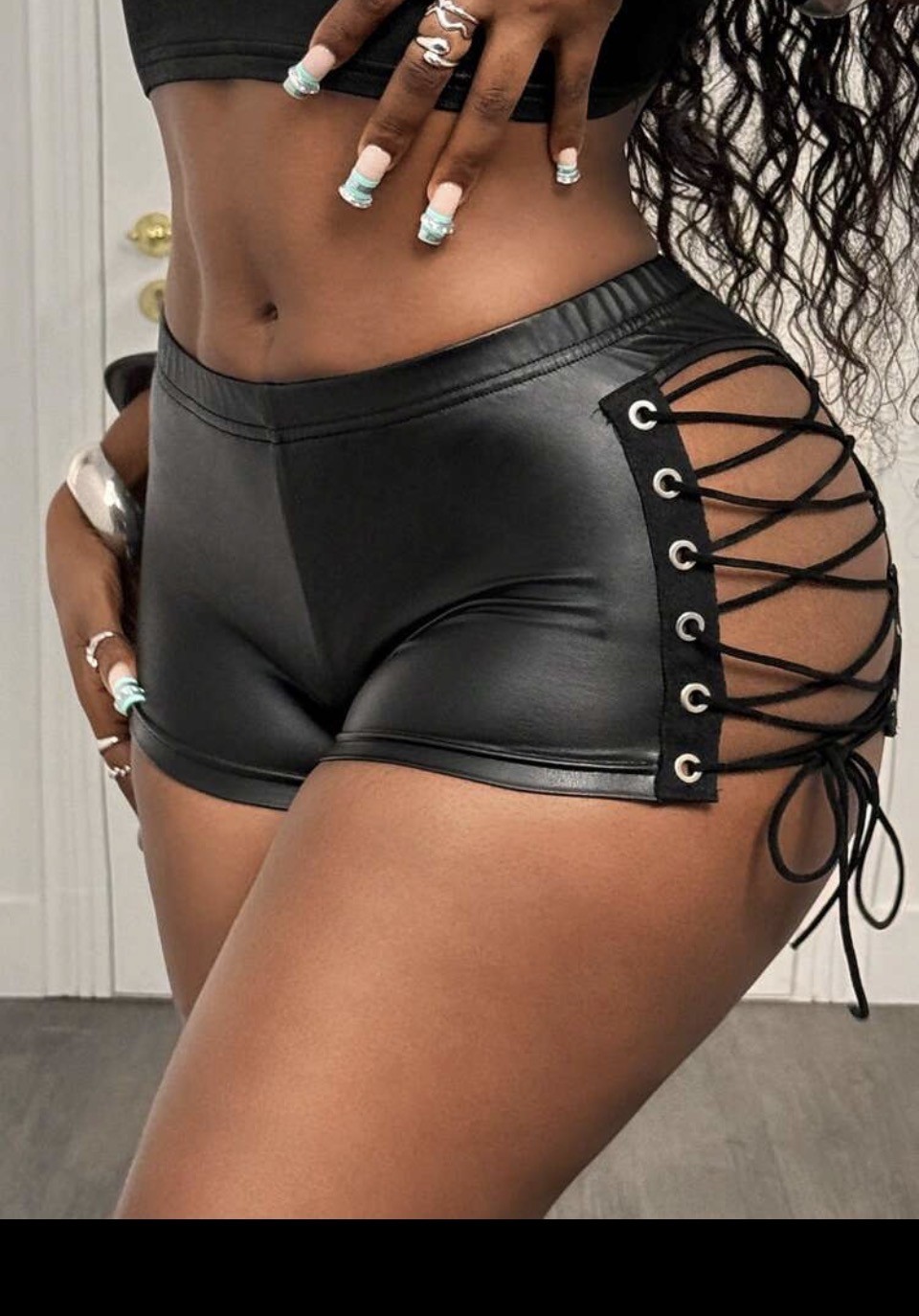 Black Glossy Lace-Up Side Mini Shorts 1
