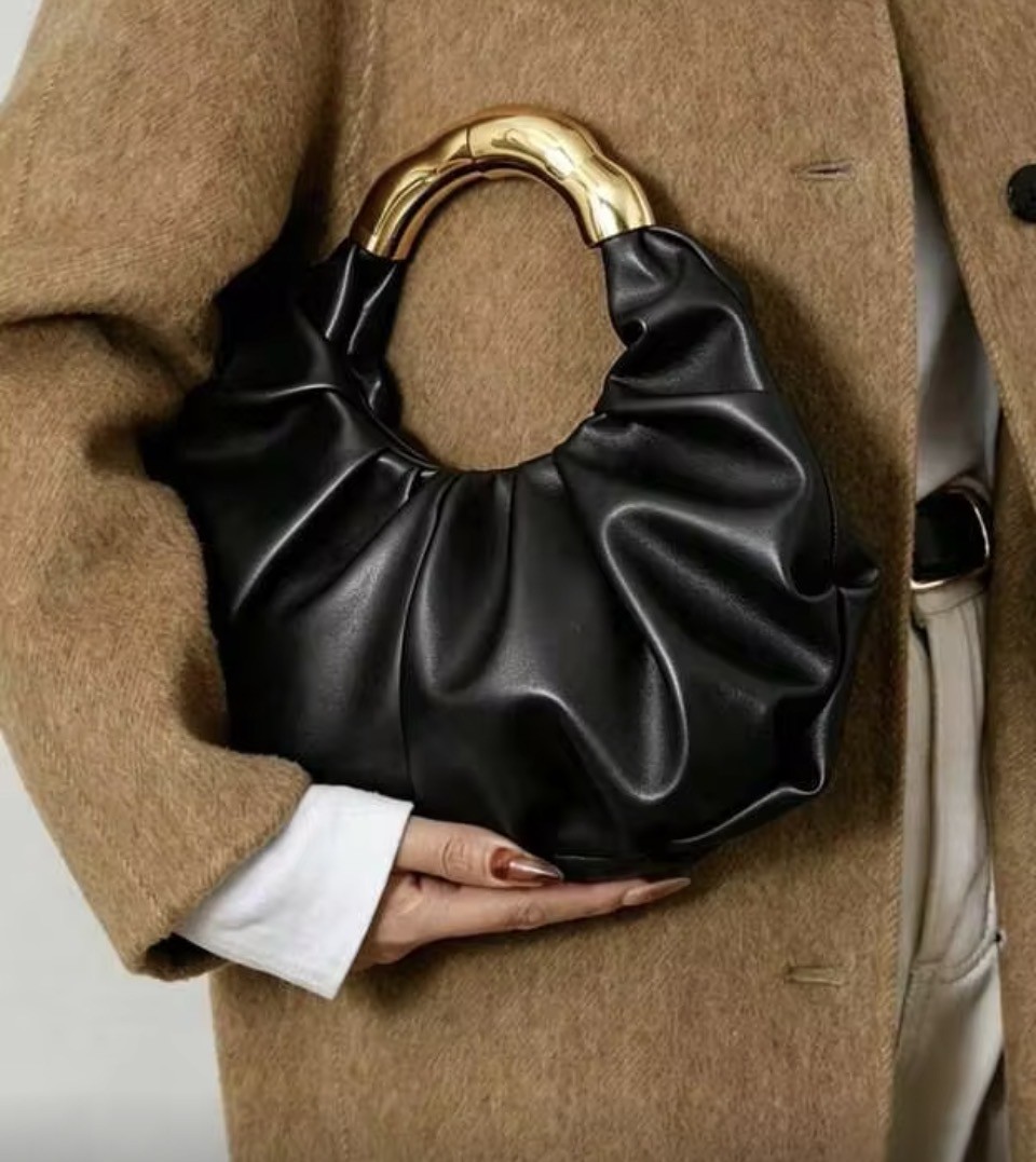 Black Ruched Handbag with Gold Metal Handle 1