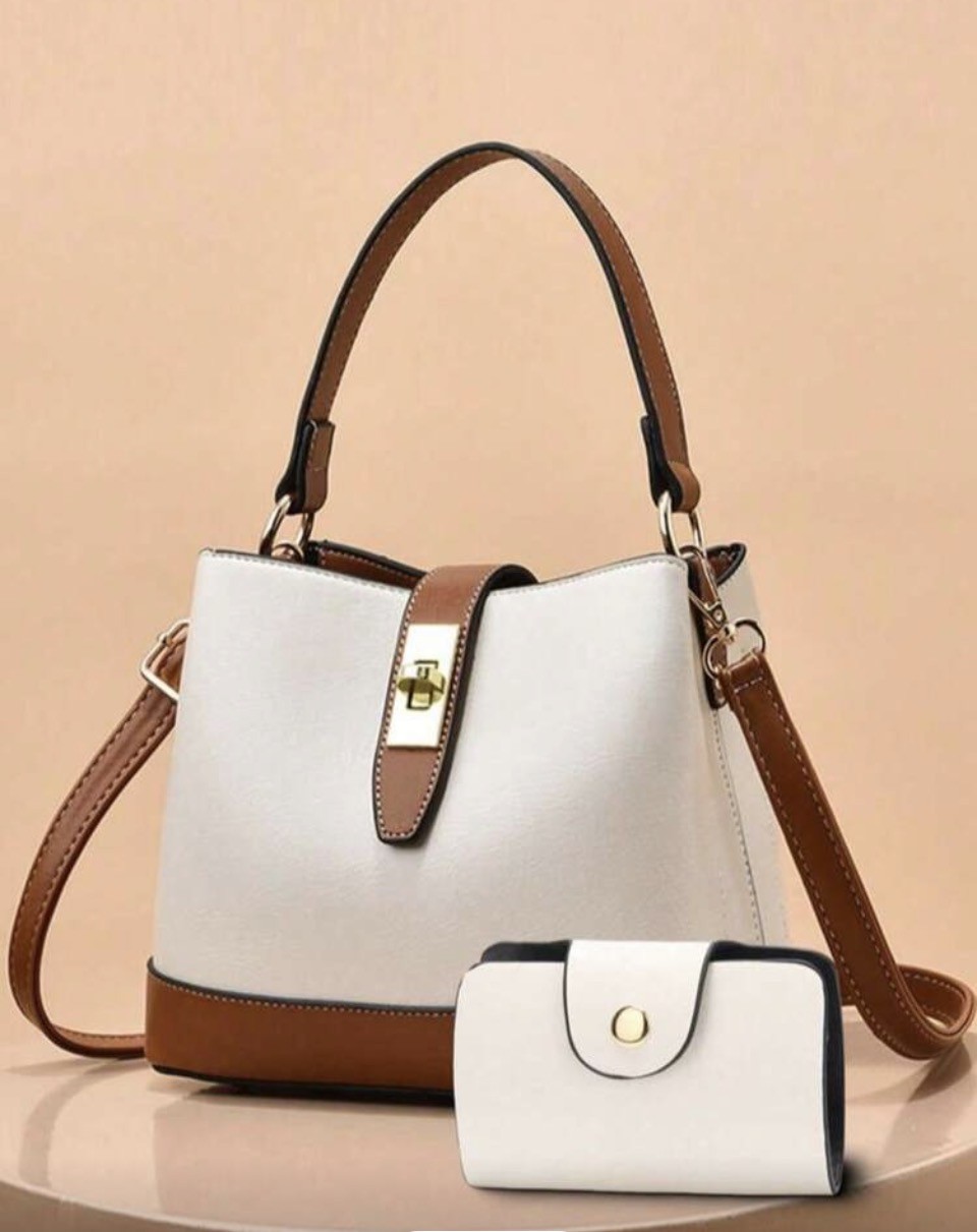 White and Tan Bucket Handbag with Matching Card Holder 1
