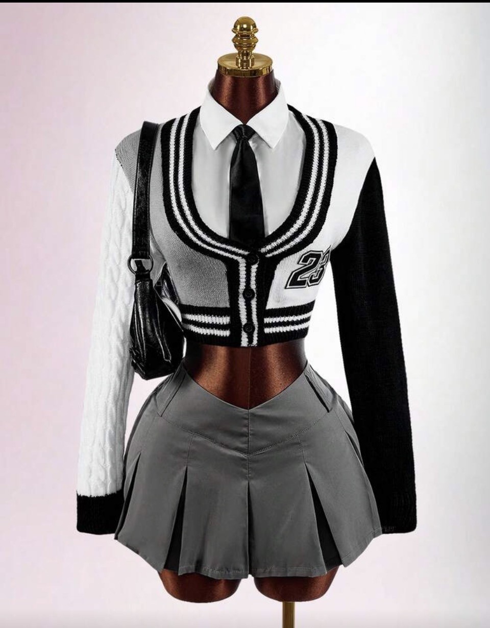 Colorblock Varsity Cardigan and Gray Pleated Skirt Outfit 1