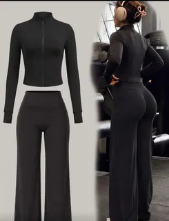 Black Zip-Up Jacket and Wide Leg Pants Activewear Set