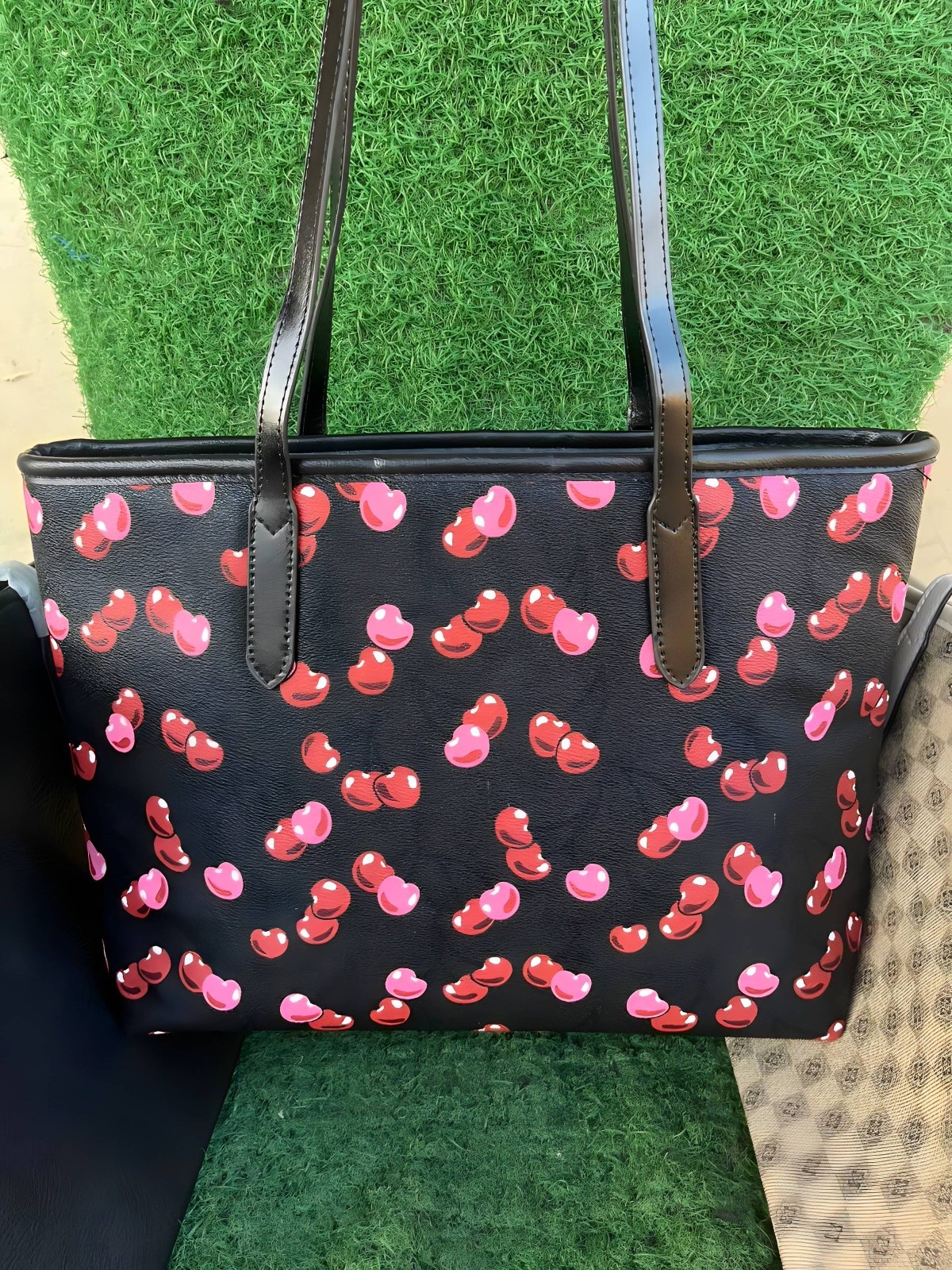Black Cherry Print Tote Bag with Long Shoulder Straps 1