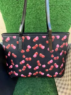 Black Cherry Print Tote Bag with Long Shoulder Straps