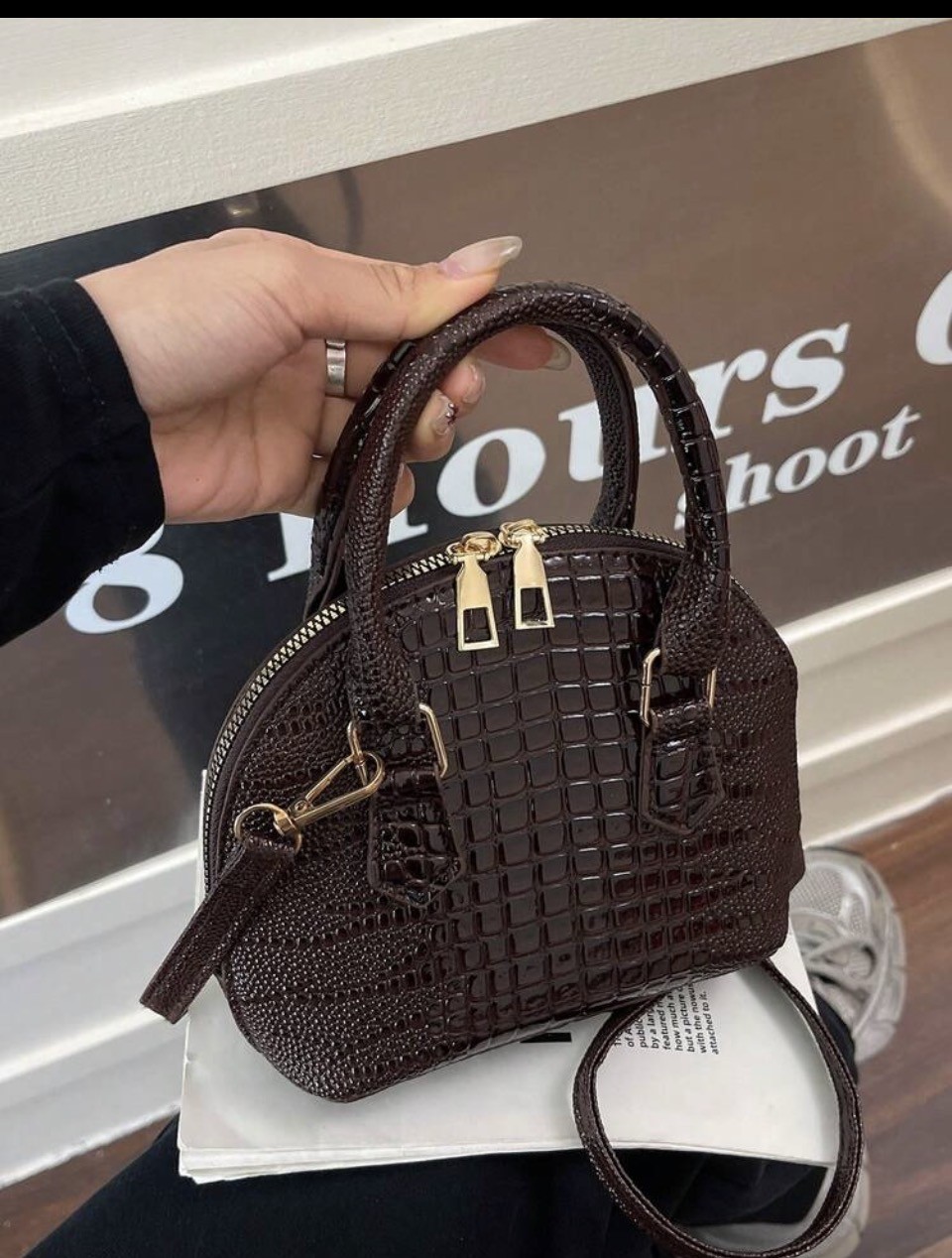Dark Brown Croc-Embossed Mini Shell Handbag 1