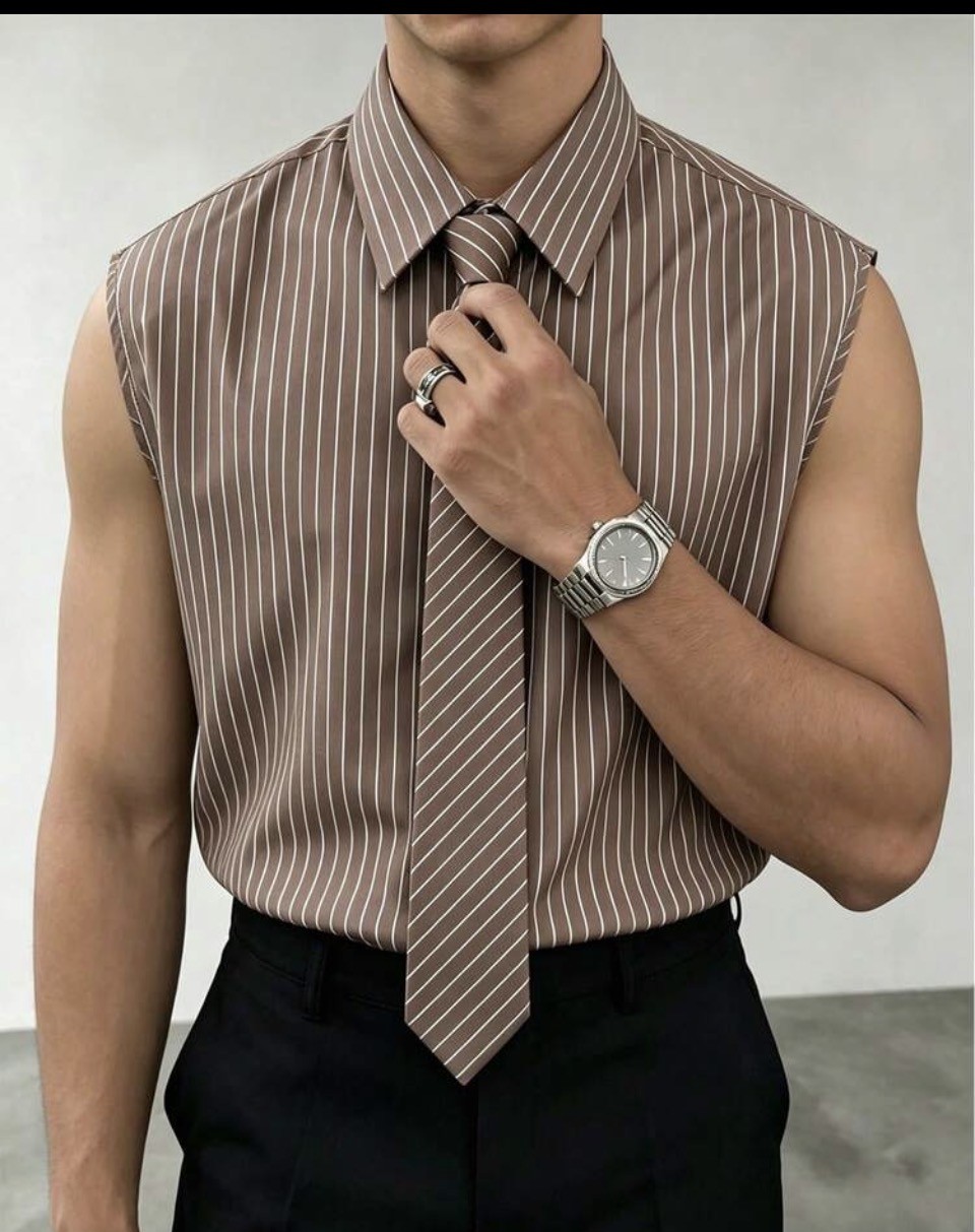 Brown Pinstripe Sleeveless Shirt with Matching Tie 1