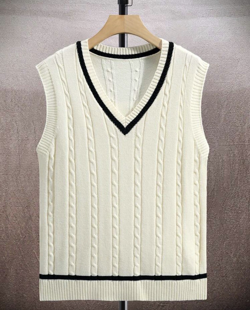 Cream Cable Knit V-Neck Sweater Vest with Black Trim 1