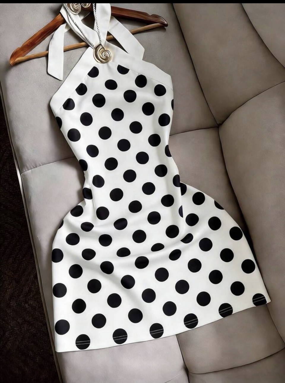 White Halter Mini Dress with Black Polka Dots 1