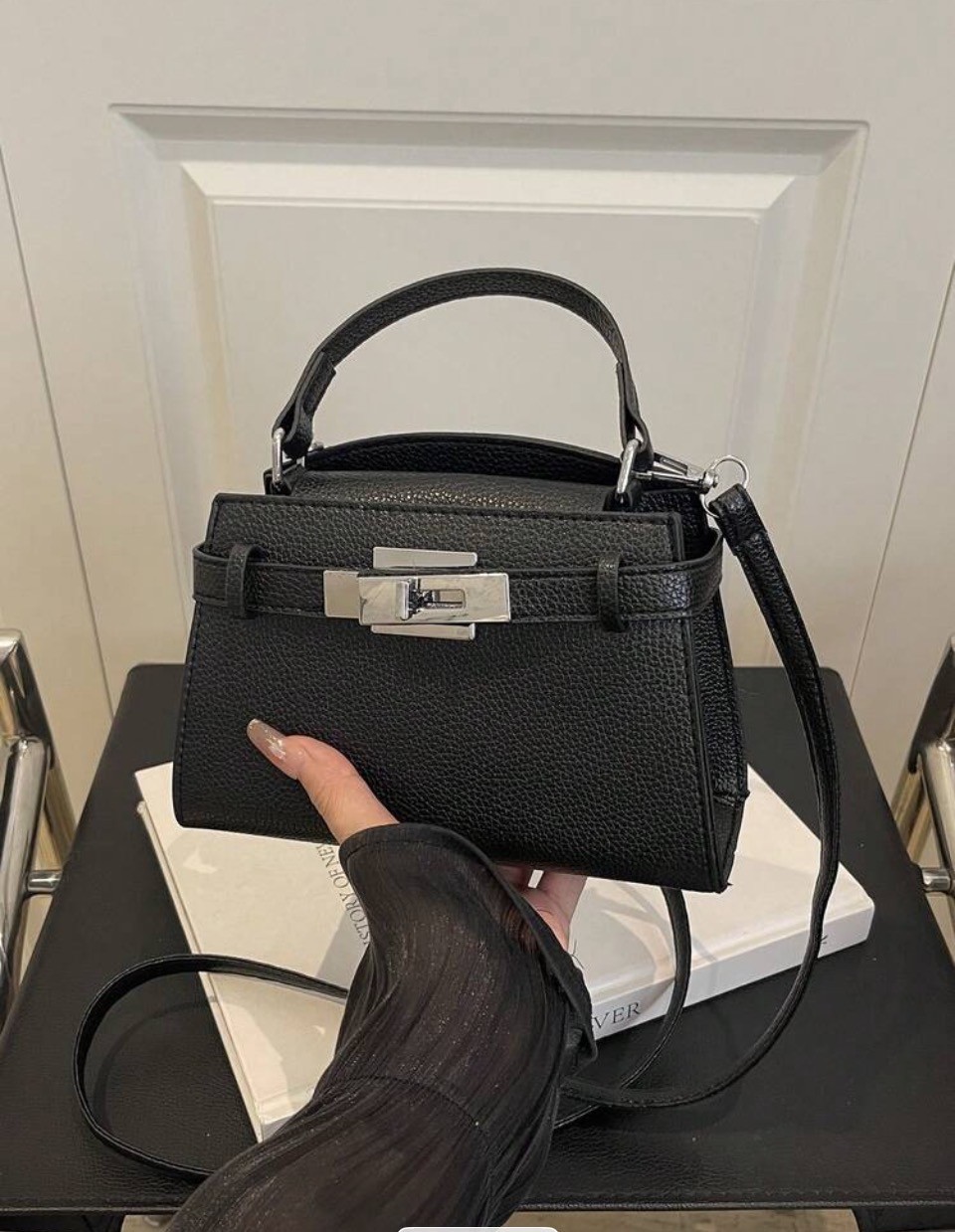Black Structured Handbag with Silver Turn-Lock and Strap 1