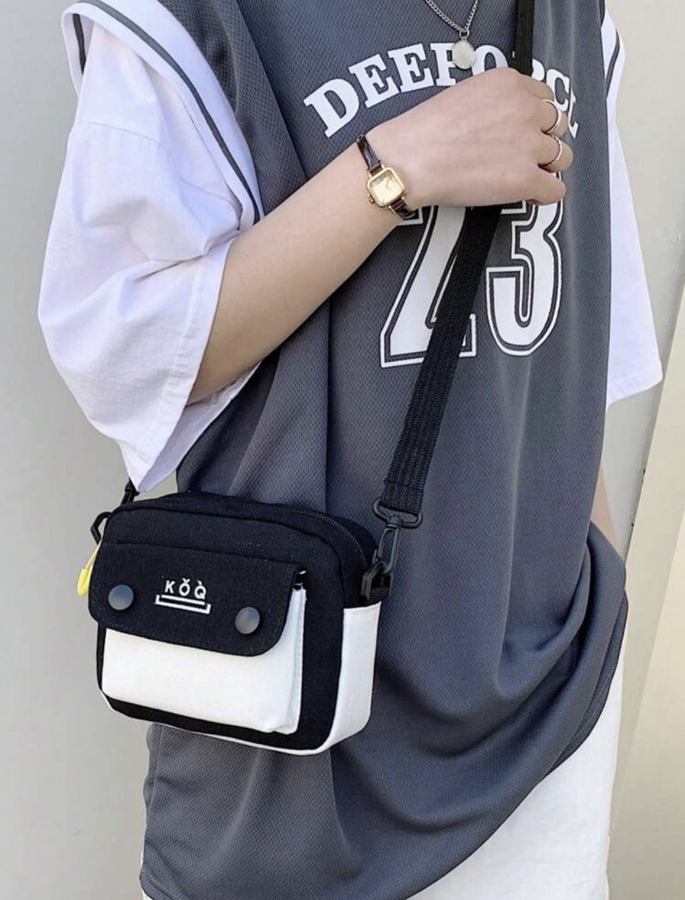 Black and White Mini Crossbody Bag with Snap Flap 1