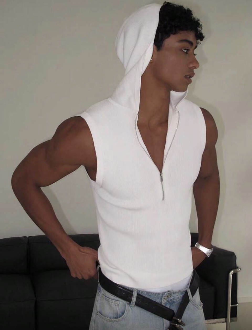 White Sleeveless Ribbed Hooded Half-Zip Top 1