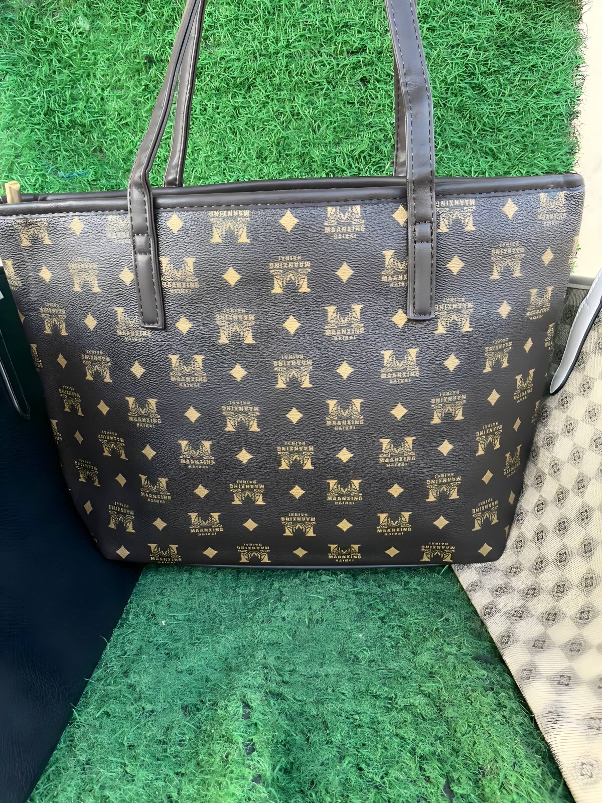 Brown Monogram Print Tote Bag with Shoulder Straps 1