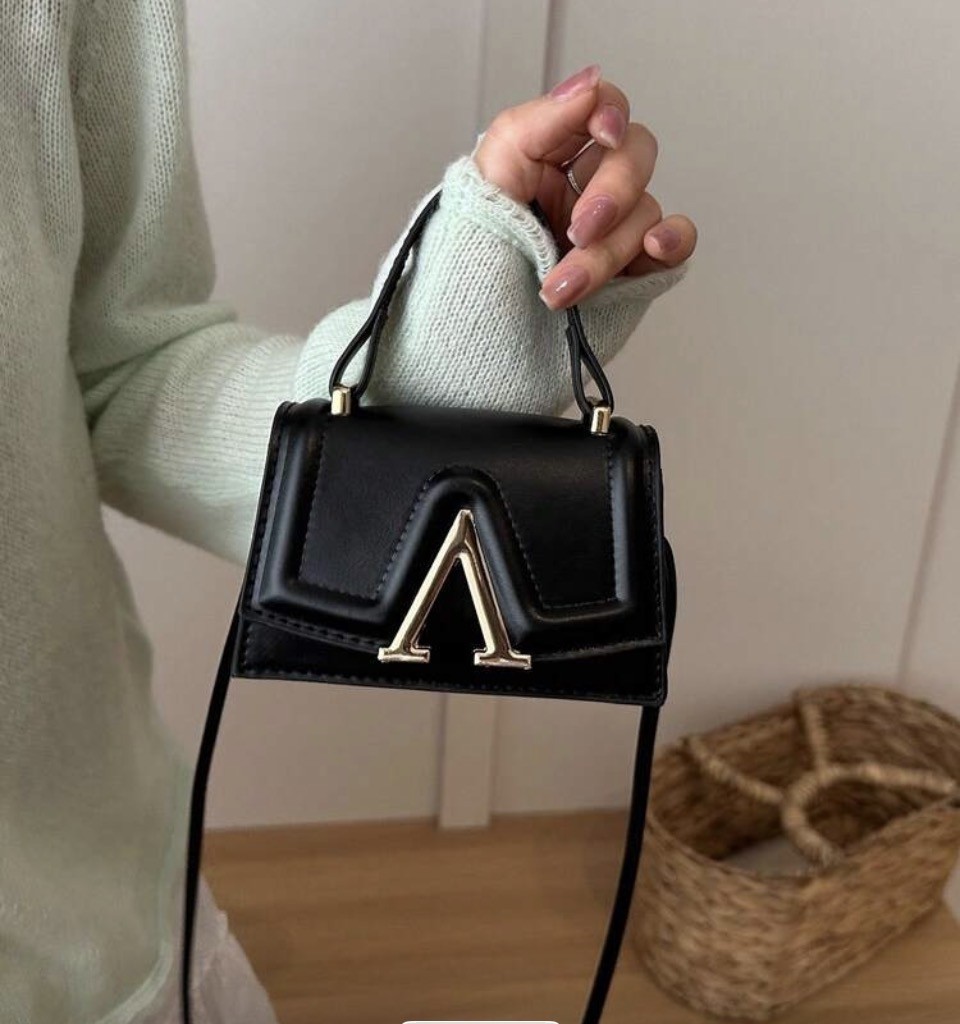 Black Mini Handbag with Gold A Emblem and Top Handle 1