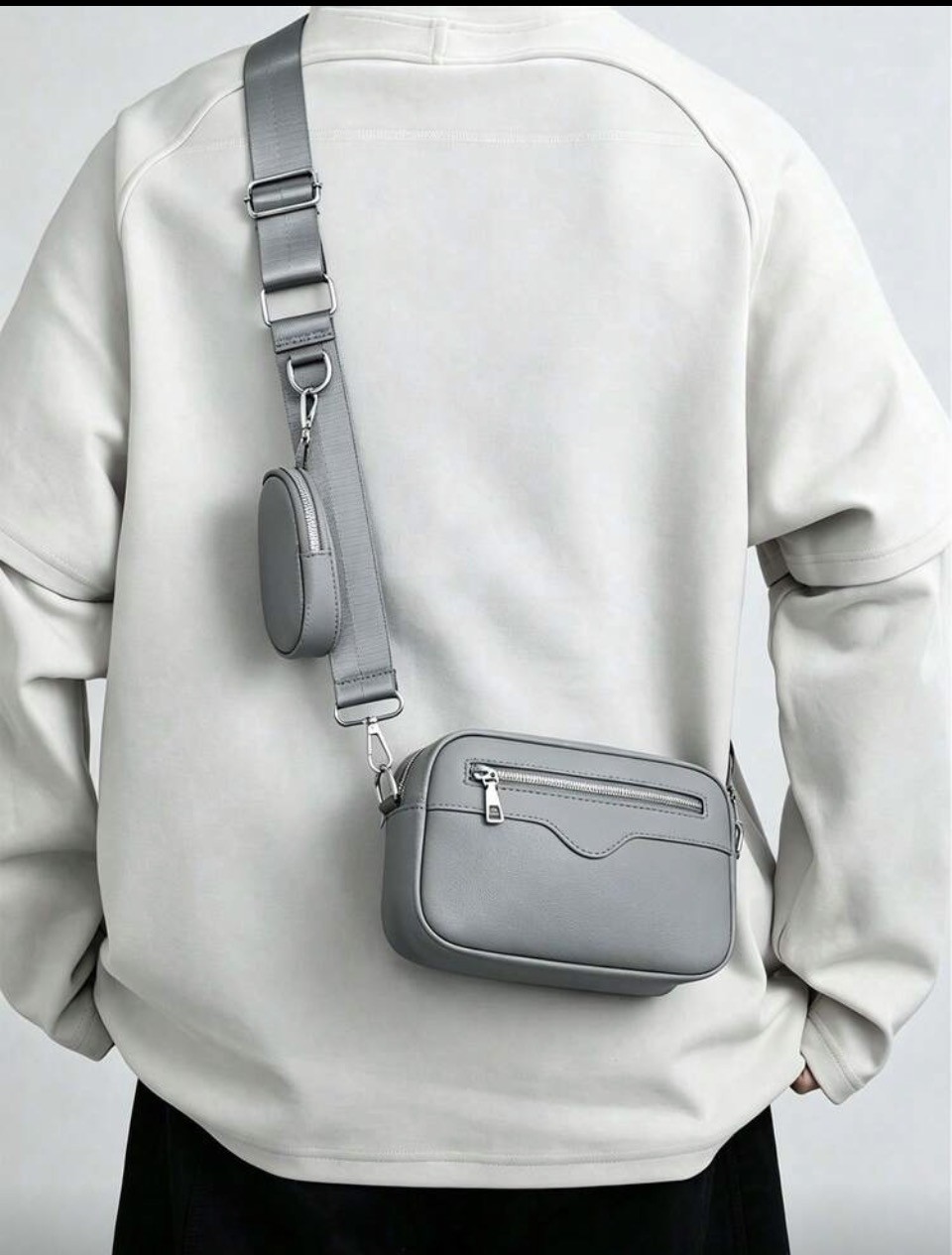 Grey Crossbody Bag with Wide Strap and Mini Pouch 1