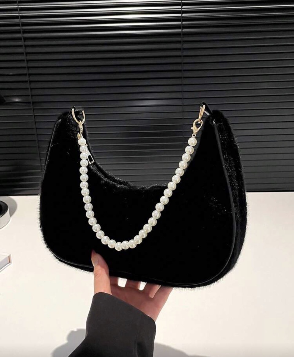 Black Fuzzy Crescent Shoulder Bag with Pearl Strap 1