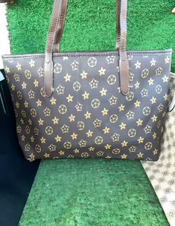 Brown Patterned Tote Bag with Gold Floral Print