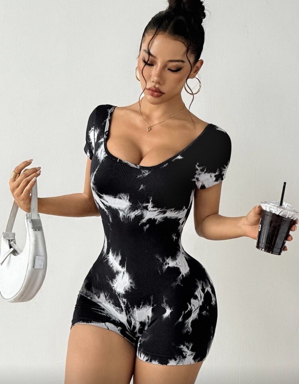 Black and White Tie-Dye Short Sleeve Ribbed Romper 1