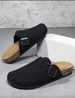 Black Buckle Mule Clogs with Cork Footbed