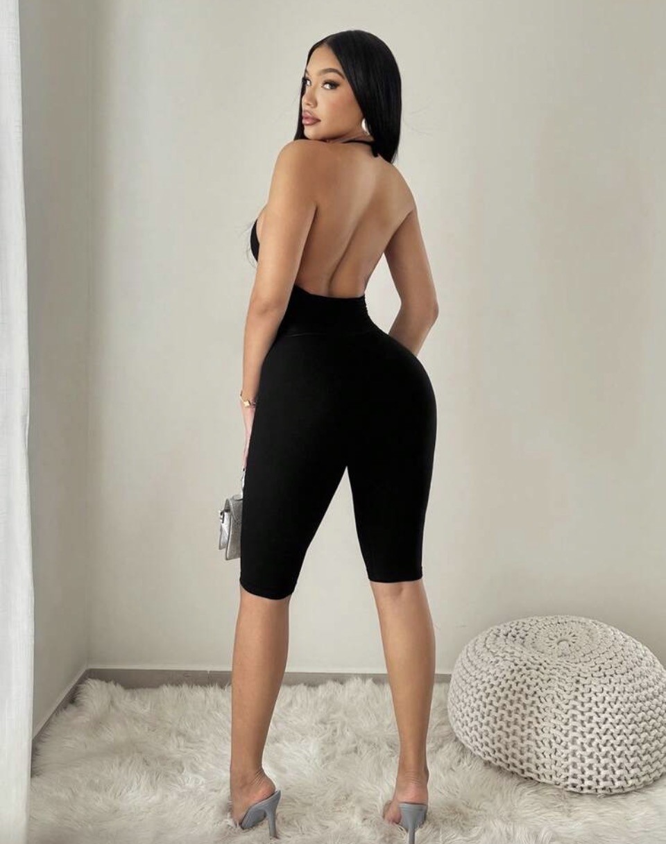 Black Backless Halter Knee-Length Bodycon Jumpsuit 1