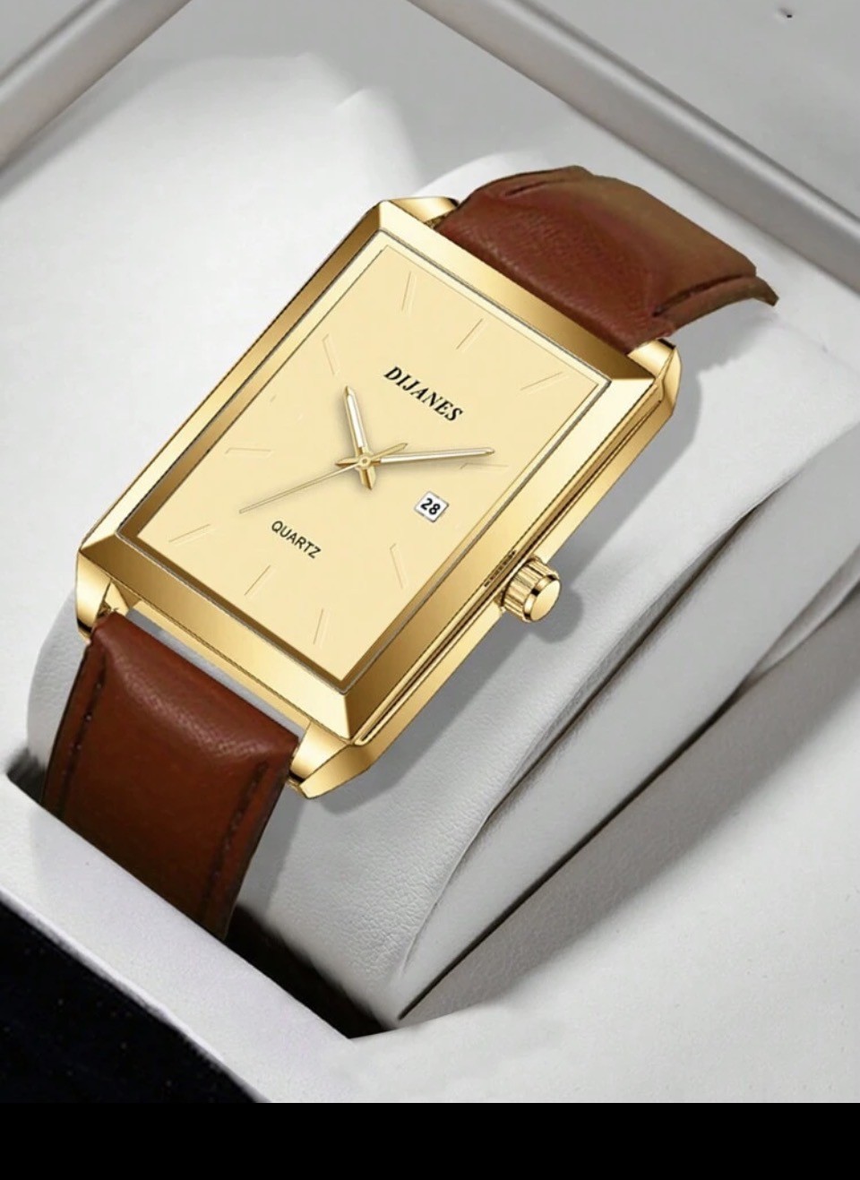 DIJANES Gold Tone Quartz Watch with Brown Leather Strap 1