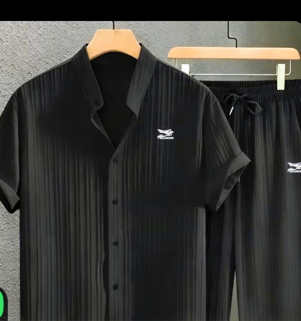 Men's Green Pleated Short Sleeve Shirt and Pants Set 4