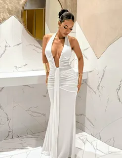Black Halter Neck Plunging Ruched Maxi Evening Dress 2