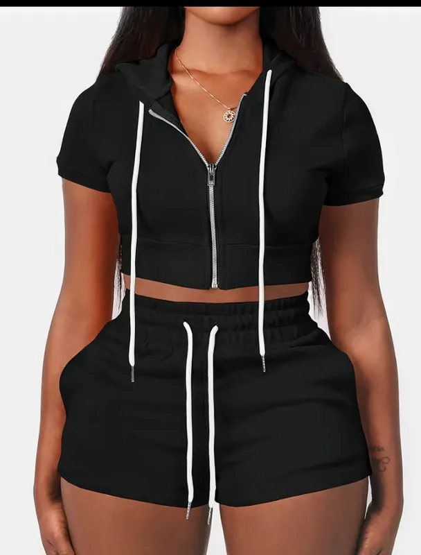 White Cropped Zip-Up Hoodie and Shorts Two-Piece Set 3
