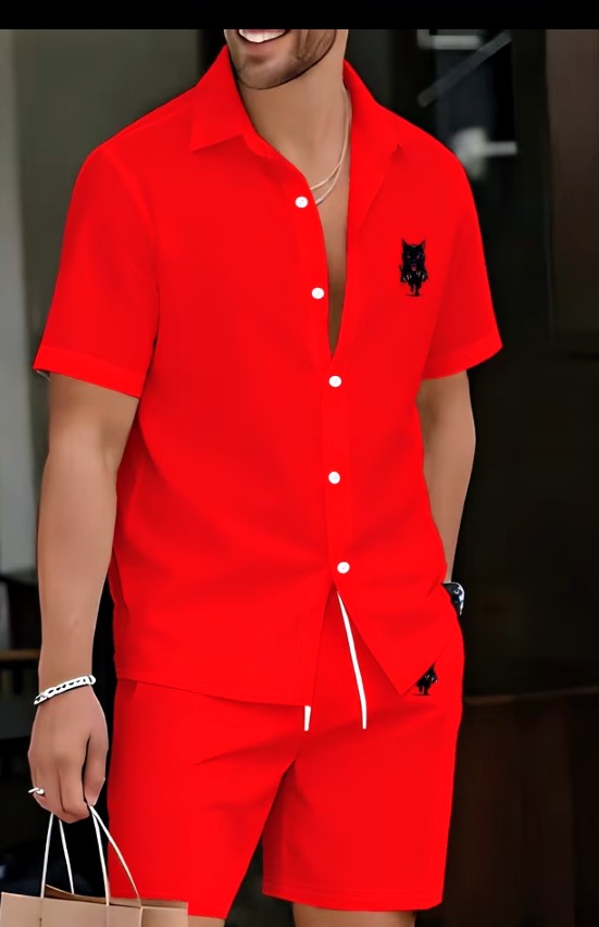 Men's Purple Matching Shirt and Shorts Set with Cat Logo 4