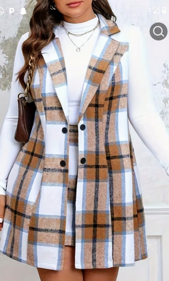 Pink Plaid Two-Piece Sleeveless Vest and Skirt Set 3