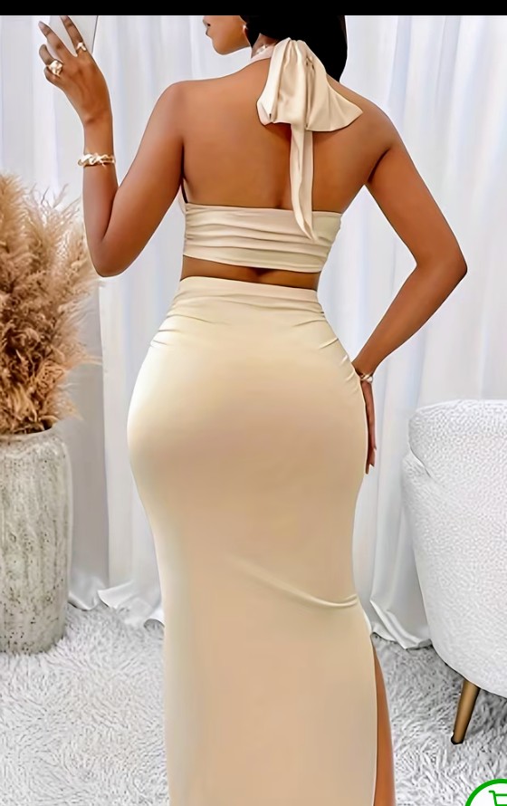 Beige Halter Crop Top and Ruched Maxi Skirt Set 5