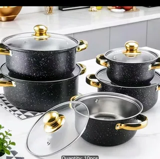 5-Piece Black Granite Cooking Pot Set with Gold Handles 3