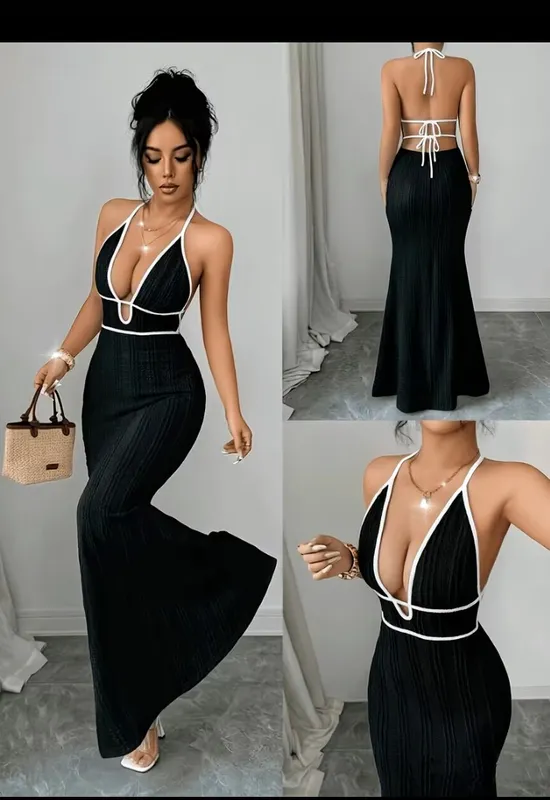 White Halter Neck Backless Maxi Dress with Black Trim 2