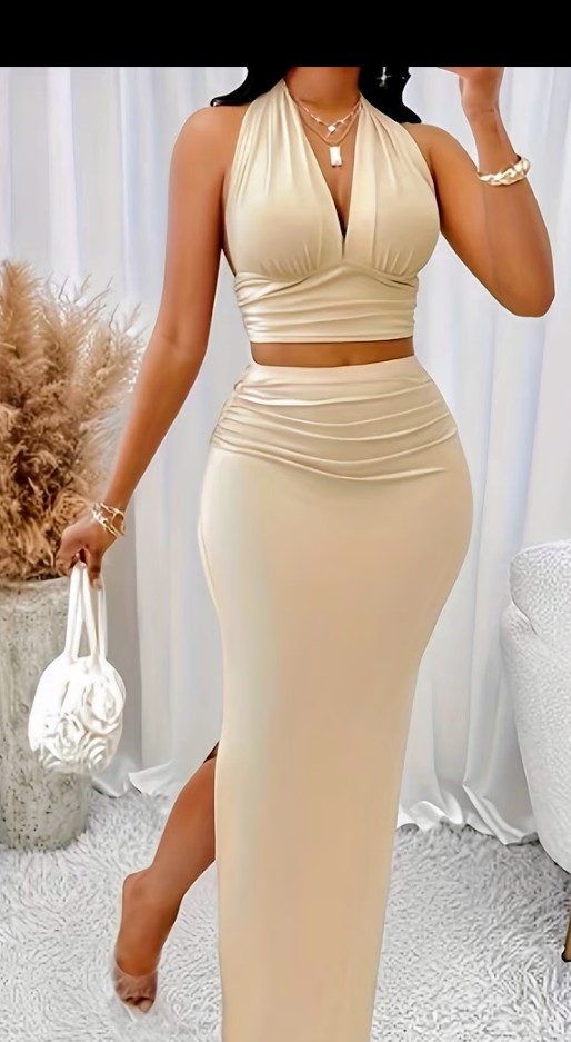 Beige Halter Crop Top and Ruched Maxi Skirt Set 2