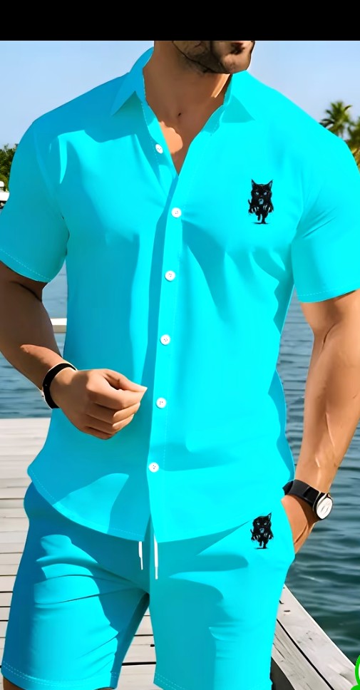 Men's Purple Matching Shirt and Shorts Set with Cat Logo 5