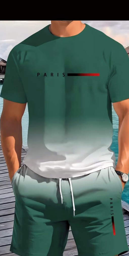 Men's Ombre PARIS Print T-Shirt and Shorts Set 3