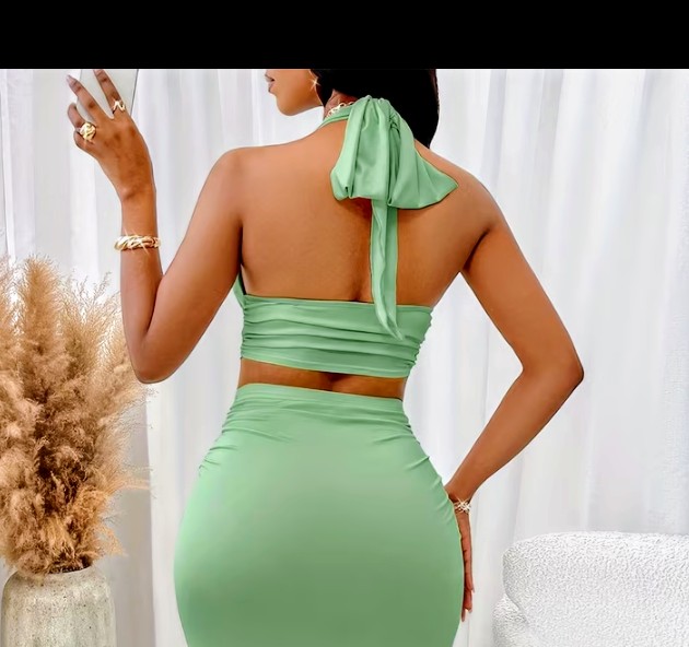 Beige Halter Crop Top and Ruched Maxi Skirt Set 3