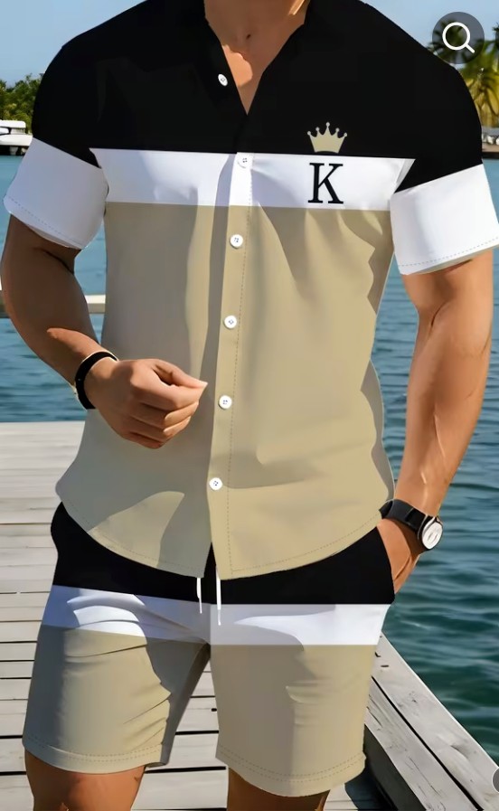 Men's Color Block Short Sleeve Button-Up Shirt with Crown Logo 3