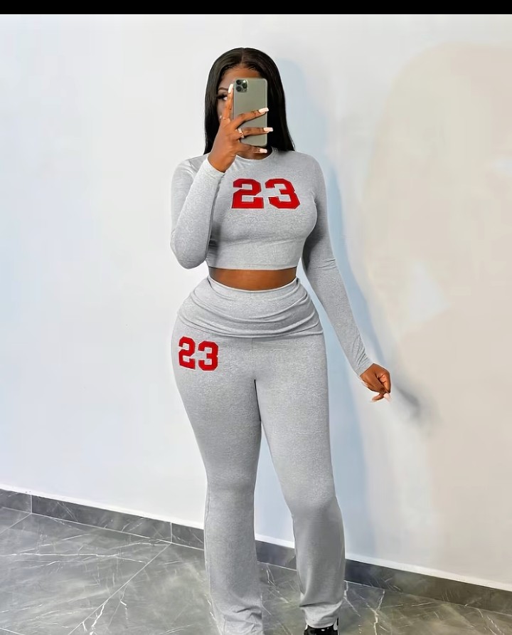 Grey Two-Piece Crop Top and Leggings Set with Red 23 Print 2