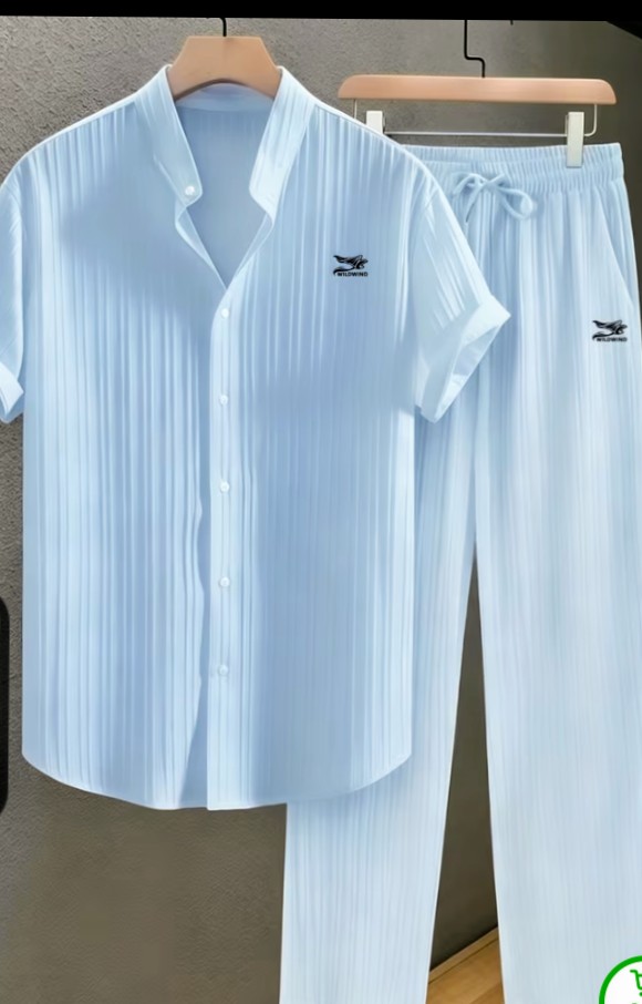 Men's Green Pleated Short Sleeve Shirt and Pants Set 2