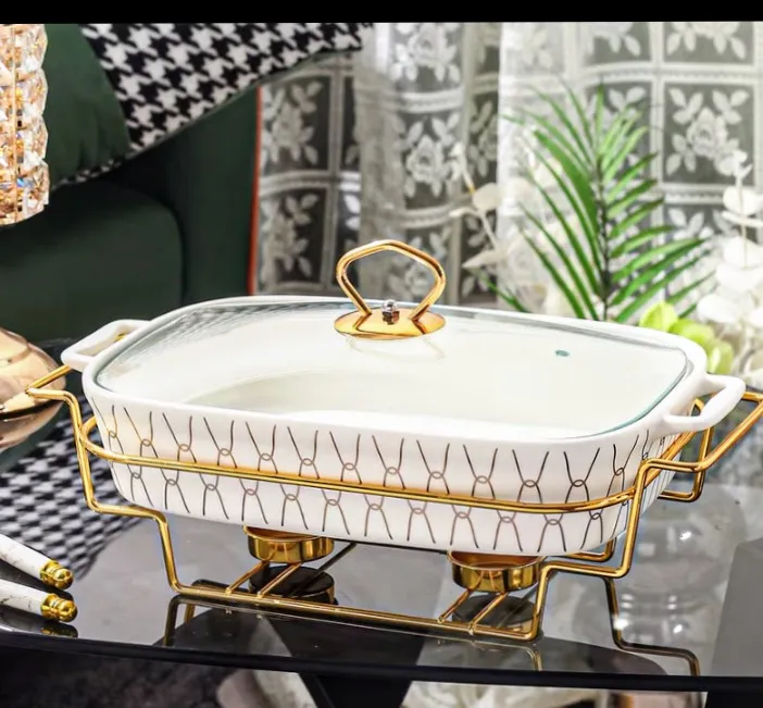 Ceramic Serving Dishes Set with Gold Stands (4 Pieces) 2